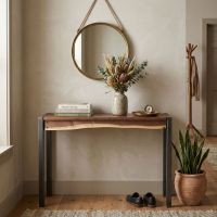 Contemporary Sofa Table: Some lifestyle images are created with AI for visualization purposes. Crafted from natural solid wood, each piece is unique and will vary.