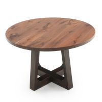 Natural Wood Transitional Pedestal Dining Table - Flat Edge Black Walnut Table Top - Natural Clear Table Top Finish - Ebony Mahogany Table Base