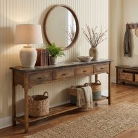 Barn Wood Sofa Table: Some lifestyle images are created with AI for visualization purposes. Crafted from natural solid wood, each piece is unique and will vary.