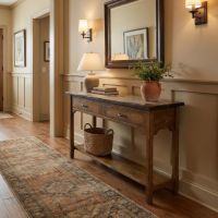 Barn Wood Sofa Table: Some lifestyle images are created with AI for visualization purposes. Crafted from natural solid wood, each piece is unique and will vary.