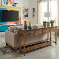 Barn Wood Sofa Table: Some lifestyle images are created with AI for visualization purposes. Crafted from natural solid wood, each piece is unique and will vary.