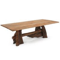 Twisted Trails Aged Juniper Log Dining Table - Flat Edge Maple Tabletop - Natural Clear Tabletop Finish - Rustic Barnwood Base Finish