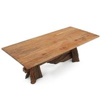 Twisted Trails Aged Juniper Log Dining Table - Flat Edge Maple Tabletop - Natural Clear Tabletop Finish - Rustic Barnwood Base Finish
