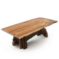 Twisted Trails Aged Juniper Log Dining Table - Live Edge Golden Walnut Tabletop - Natural Clear Tabletop Finish - Rustic Barnwood Base Finish