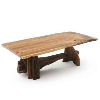 Twisted Trails Aged Juniper Log Dining Table - Live Edge Golden Walnut Tabletop - Natural Clear Tabletop Finish - Rustic Barnwood Base Finish