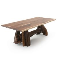 Twisted Trails Aged Juniper Log Dining Table - Live Edge Black Walnut Tabletop - Natural Clear Tabletop Finish - Rustic Barnwood Base Finish