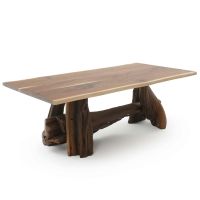 Twisted Trails Aged Juniper Log Dining Table - Live Edge Black Walnut Tabletop - Natural Clear Tabletop Finish - Rustic Barnwood Base Finish