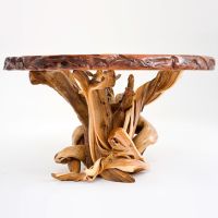 Twisted Trails Glass Top Juniper Log Dining Table - Round Redwood Top