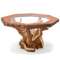 Twisted Trails Glass Top Juniper Log Dining Table - Octagon Redwood Top