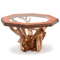 Twisted Trails Glass Top Juniper Log Dining Table - Octagon Redwood Top