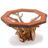 Twisted Trails Glass Top Juniper Log Dining Table - Octagon Redwood Top