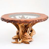 Twisted Trails Glass Top Juniper Log Dining Table - Round Redwood Top