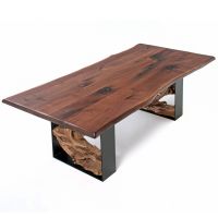 Twisted Trails Natural Wood Teak Root Dining Table - Live Edge Black Walnut Tabletop - Natural Clear Tabletop Finish