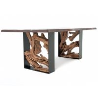 Twisted Trails Natural Wood Teak Root Dining Table - Live Edge Black Walnut Tabletop - Natural Clear Tabletop Finish