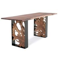 CUSTOM 36" WIDTH - Twisted Trails Natural Wood Teak Root Counter Height Table - Live Edge Black Walnut Tabletop - Natural Clear Tabletop Finish