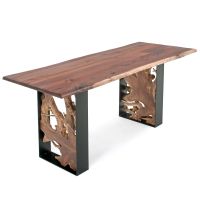 CUSTOM 36" WIDTH - Twisted Trails Natural Wood Teak Root Counter Height Table - Live Edge Black Walnut Tabletop - Natural Clear Tabletop Finish