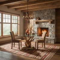 Rustic Lodge Dining Room: Some lifestyle images are created with AI for visualization purposes. Crafted from natural solid wood, each piece is unique and will vary.