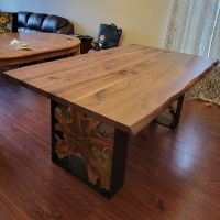 Twisted Trails Natural Wood Teak Root Dining Table - Live Edge Black Walnut Tabletop - Natural Clear Tabletop Finish