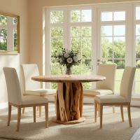 Juniper Log Dining Table: Some lifestyle images are created with AI for visualization purposes. Crafted from natural solid wood, each piece is unique and will vary.