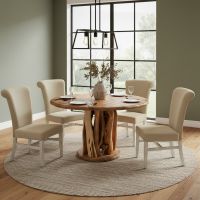 Organic Log Dining Table: Some lifestyle images are created with AI for visualization purposes. Crafted from natural solid wood, each piece is unique and will vary.