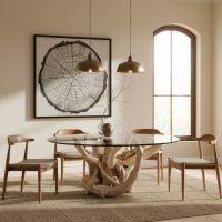 Modern Rustic Dining Table: Some lifestyle images are created with AI for visualization purposes. Crafted from natural solid wood, each piece is unique and will vary.
