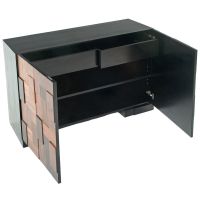 Unique Eco-Friendly Sideboard shown in Smooth Reclaimed Wood with doors open. Includes adjustable shelf & two drawers