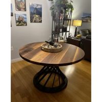 Customer Photo - Flat Edge Black Walnut Table Top in Natural Clear Finish with an Ebony Steel Base