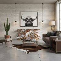 Aged-White Root Console Table in Modern Rustic Living Room: Some lifestyle images are created with AI for visualization purposes. Crafted from natural solid wood, each piece is unique and will vary.