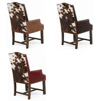 Upholstered Arm Captain Chairs with Cowhide Back: Bomber Jacket Brown Leather (Top Left), Burnt Umber Cypress Leather (Top Right), & Crimson Red Leather (Bottom Left)