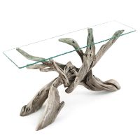 Uptown Rustic Driftwood Sofa Table - Barked Edge Glass Top