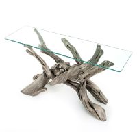 Uptown Rustic Driftwood Sofa Table - Barked Edge Glass Top