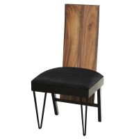 Urban Rustic Golden Walnut Upholstered Dining Chair - Parisian Midnight Black Leather Seat - Metal Hairpin Legs