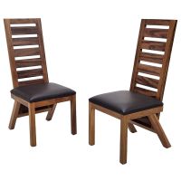 Urban Rustic Golden Walnut Upholstered Ladderback Dining Chairs with Parisian Midnight Black Leather Seats