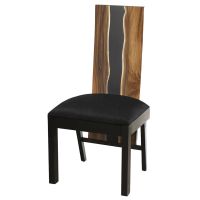 Urban Rustic Wildwood Upholstered Dining Chair - Live Edge Golden Walnut Backrest - Standard Wood Legs - Parisian Night Black Leather Upholstered Seat