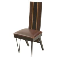 Urban Rustic Wildwood Upholstered Dining Chair - Straight Edge Golden Walnut Backrest - Metal Hairpin Legs - Burnt Umber Cypress Leather Upholstered Seat