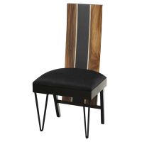 Urban Rustic Wildwood Upholstered Dining Chair - Straight Edge Golden Walnut Backrest - Metal Hairpin Legs - Parisian Night Black Leather Upholstered Seat