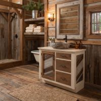 Rustic Barnwood Vanity: Some lifestyle images are created with AI for visualization purposes. Crafted from natural solid wood, each piece is unique and will vary.