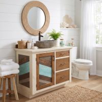 Rustic Barnwood Vanity: Some lifestyle images are created with AI for visualization purposes. Crafted from natural solid wood, each piece is unique and will vary.