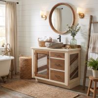 Rustic Barnwood Vanity: Some lifestyle images are created with AI for visualization purposes. Crafted from natural solid wood, each piece is unique and will vary.