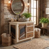 Rustic Barnwood Vanity: Some lifestyle images are created with AI for visualization purposes. Crafted from natural solid wood, each piece is unique and will vary.