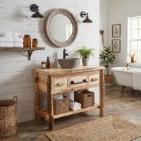 Aspen Log Vanity: Some lifestyle images are created with AI for visualization purposes. Crafted from natural solid wood, each piece is unique and will vary.
