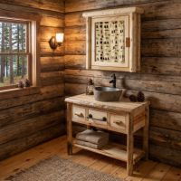 Aspen Log Vanity: Some lifestyle images are created with AI for visualization purposes. Crafted from natural solid wood, each piece is unique and will vary.
