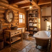 Aspen Log Vanity: Some lifestyle images are created with AI for visualization purposes. Crafted from natural solid wood, each piece is unique and will vary.