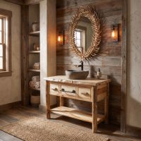 Aspen Log Vanity: Some lifestyle images are created with AI for visualization purposes. Crafted from natural solid wood, each piece is unique and will vary.