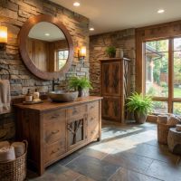 Rustic Vanity: Some lifestyle images are created with AI for visualization purposes. Crafted from natural solid wood, each piece is unique and will vary.