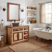 Rustic Log Vanity: Some lifestyle images are created with AI for visualization purposes. Crafted from natural solid wood, each piece is unique and will vary.