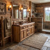 Rustic Log Vanity: Some lifestyle images are created with AI for visualization purposes. Crafted from natural solid wood, each piece is unique and will vary.