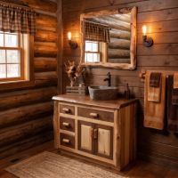 Rustic Log Vanity: Some lifestyle images are created with AI for visualization purposes. Crafted from natural solid wood, each piece is unique and will vary.