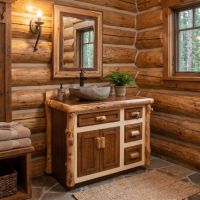 Log Vanity: Some lifestyle images are created with AI for visualization purposes. Crafted from natural solid wood, each piece is unique and will vary.