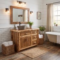 Log Vanity: Some lifestyle images are created with AI for visualization purposes. Crafted from natural solid wood, each piece is unique and will vary.